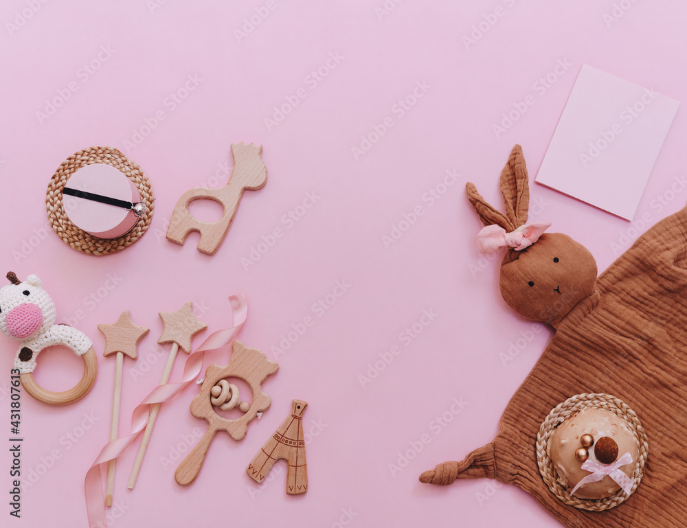 Flat lay Baby shower, newborn child accessories on pink background, Girl birthday party. Card invitation template, copy space Flat lay Baby shower, newborn child accessories on pink background, Girl birthday party. Card invitation template, copy space