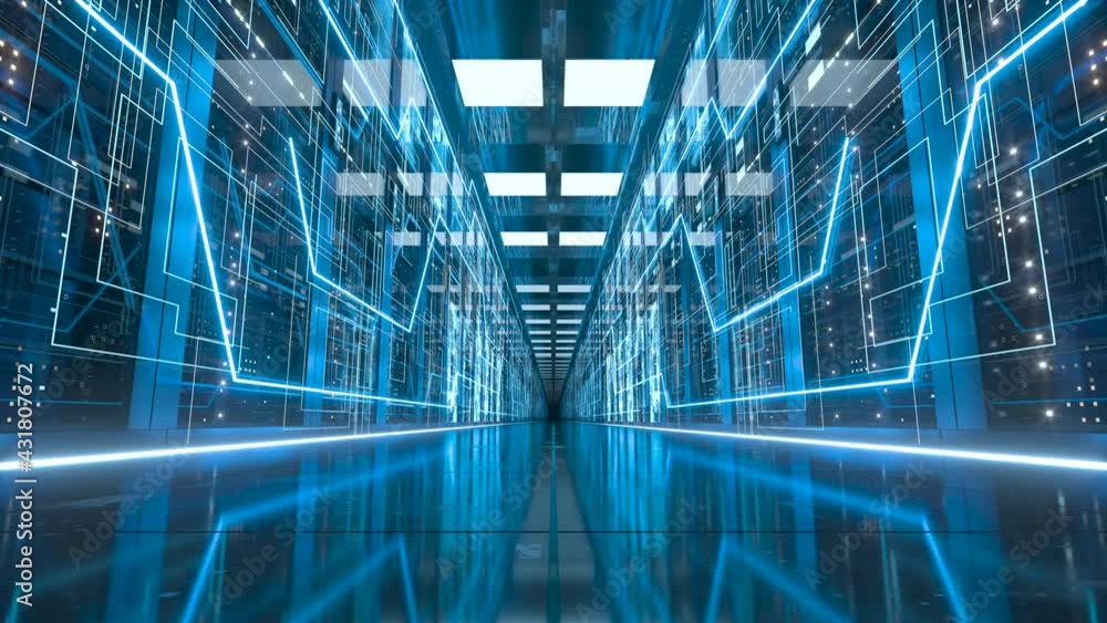 Go forward in computer network security server room, 3d rendering ...