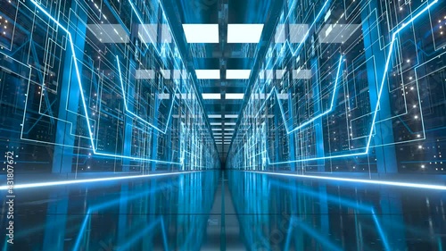 Go forward in computer network security server room, 3d rendering. photo