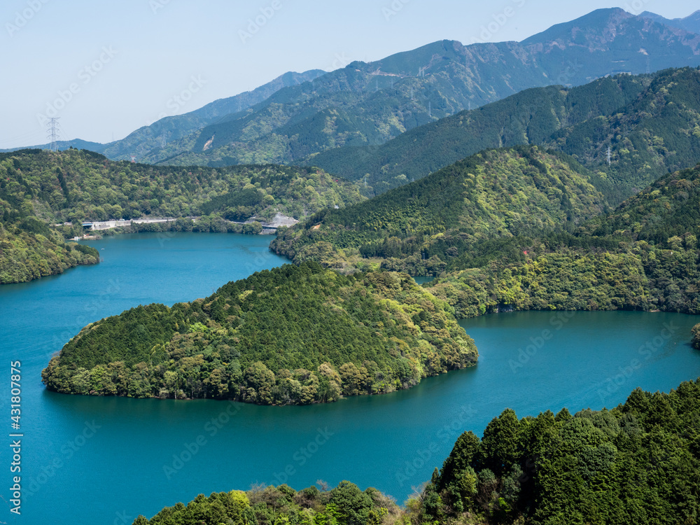 Scenic view of Kurose Dam Lake in springtime - Saijo, Ehime prefecture, Japan