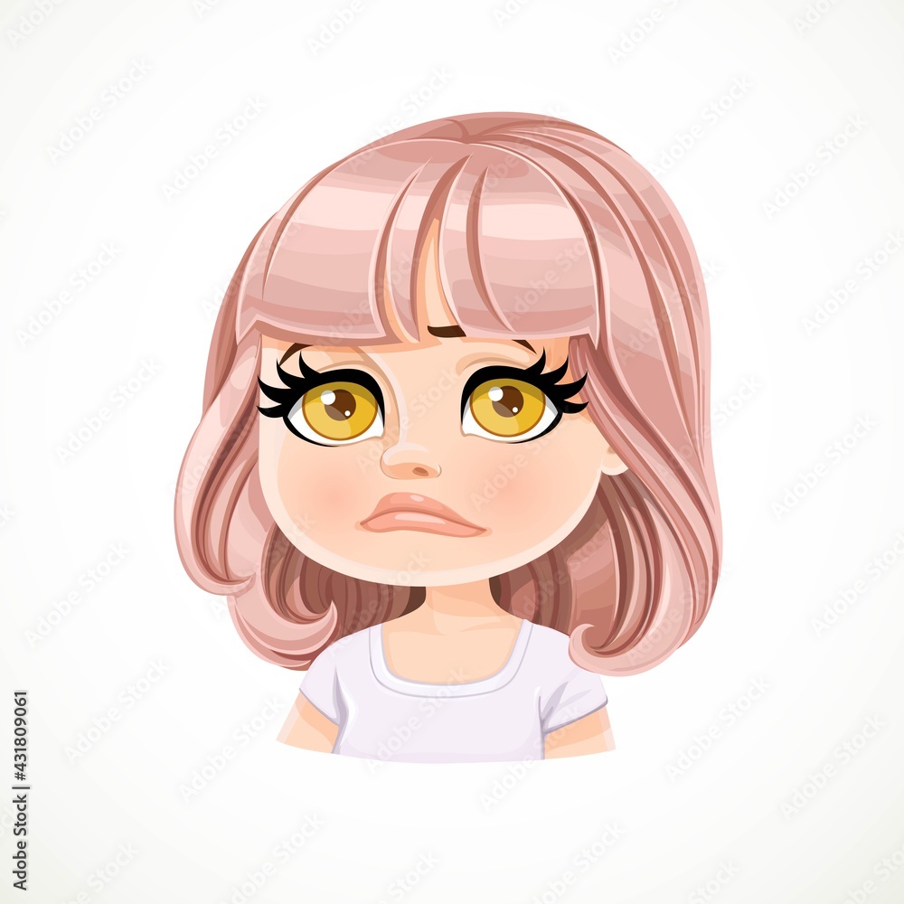 Beautiful upset sad cartoon girl with powdery pink bob haircut with bangs portrait isolated on white background Beautiful upset sad cartoon girl with powdery pink bob haircut with bangs portrait isolated on white background