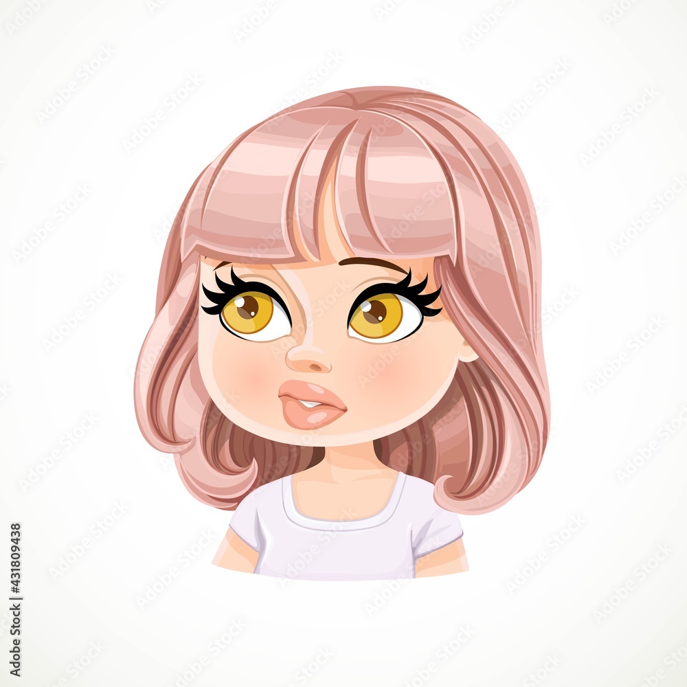 Beautiful bewildered cartoon girl with powdery pink bob haircut with bangs portrait isolated on white background Beautiful bewildered cartoon girl with powdery pink bob haircut with bangs portrait isolated on white background