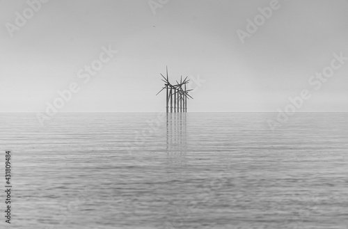 Wallpaper Mural Offshore wind turbines generating renewable electricity and energy off the Essex clacton coast for eco backdrop, texture, wallpaper shiloutted against clear sky background Torontodigital.ca