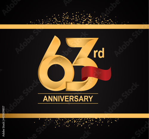 63 years anniversary logotype with premium gold color and red ribbon with glitter background isolated on black background. vector for template party and company celebration