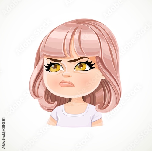 Beautiful offended cartoon girl with powdery pink bob haircut with bangs portrait isolated on white background