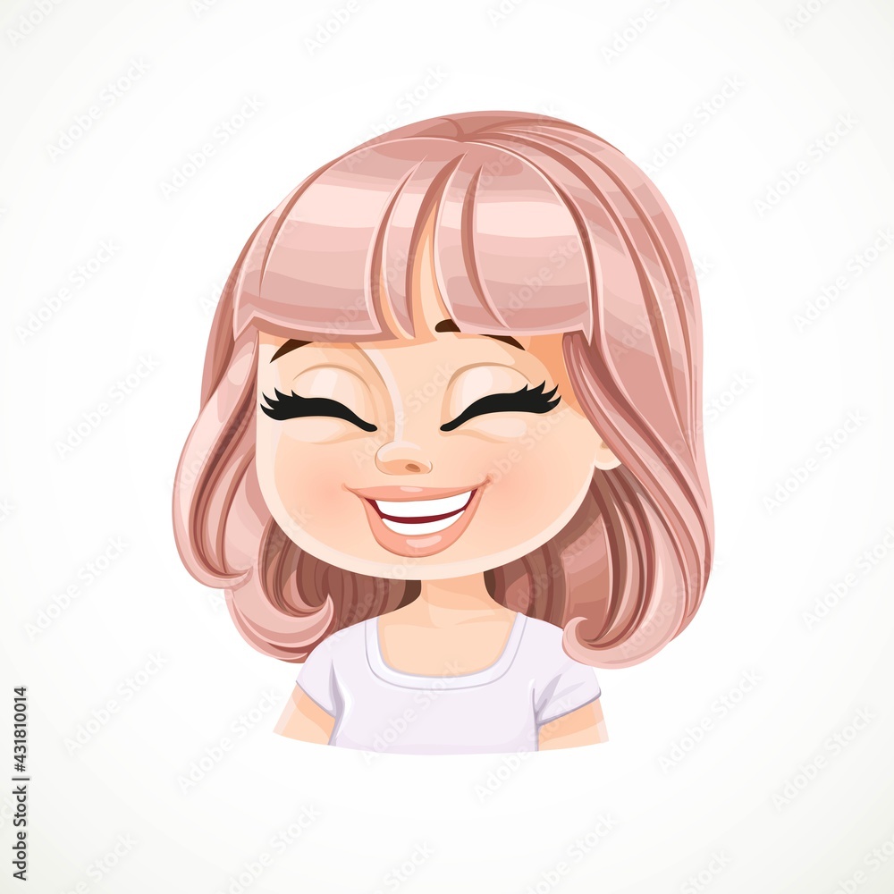Beautiful happy cartoon girl with powdery pink bob haircut with bangs portrait isolated on white background Beautiful happy cartoon girl with powdery pink bob haircut with bangs portrait isolated on white background