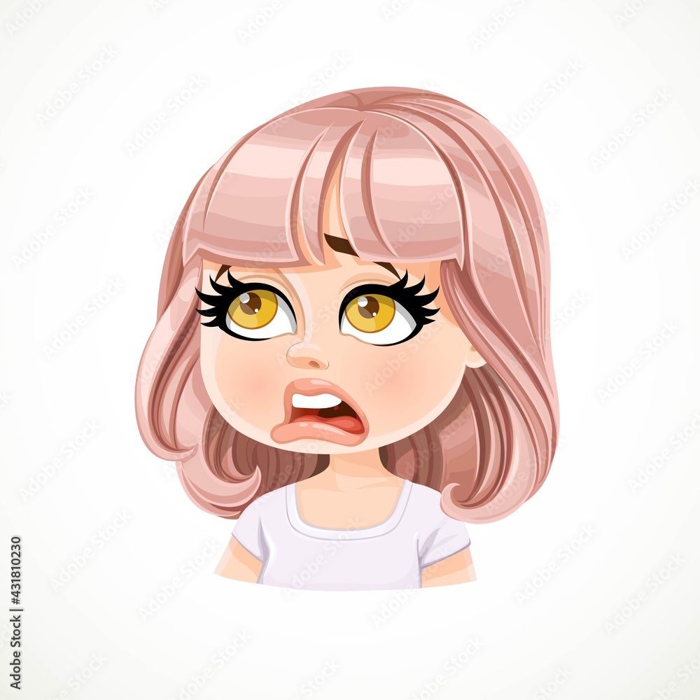 Beautiful dissatisfied cartoon girl with powdery pink bob haircut with bangs portrait isolated on white background Beautiful dissatisfied cartoon girl with powdery pink bob haircut with bangs portrait isolated on white background