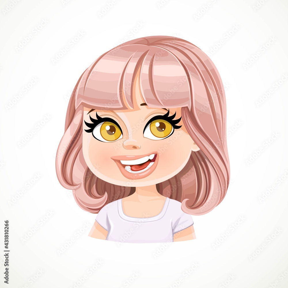 Beautiful enthusiastic cartoon girl with powdery pink bob haircut with bangs portrait isolated on white background Beautiful enthusiastic cartoon girl with powdery pink bob haircut with bangs portrait isolated on white background
