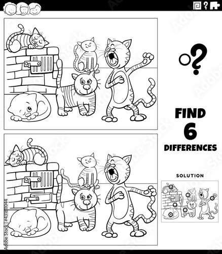 differences game with cartoon cats coloring book page