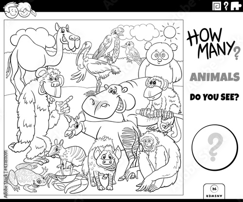 counting animals educational task for kids coloring book page