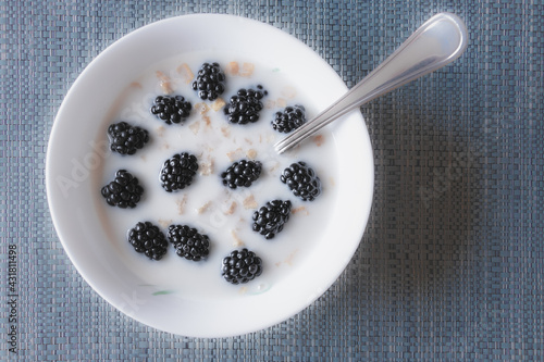 Bowl with instant oats, milk and blackberries on a gray background