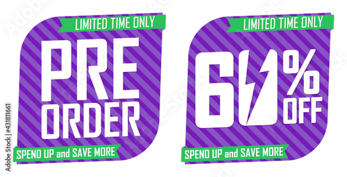 Pre-Order Sale banners design template, 60% off, discount tags, vector illustration