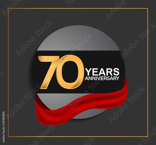 70 years anniversary logotype with golden color and red ribbon on black circle with glitter background isolated on black background. vector for template party and company celebration