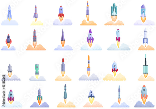 Spacecraft launch icons set. Cartoon set of spacecraft launch vector icons for web design