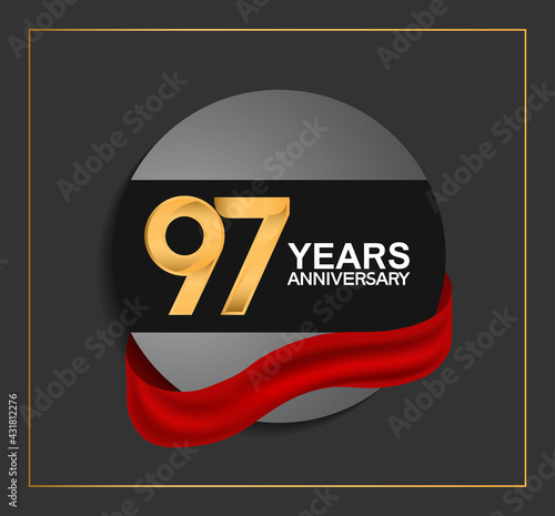 97 years anniversary logotype with golden color and red ribbon on black circle with glitter background isolated on black background. can be use for celebration and party