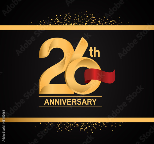 26 years anniversary logotype with premium gold color and red ribbon with glitter background isolated on black background. can be use for celebration and party