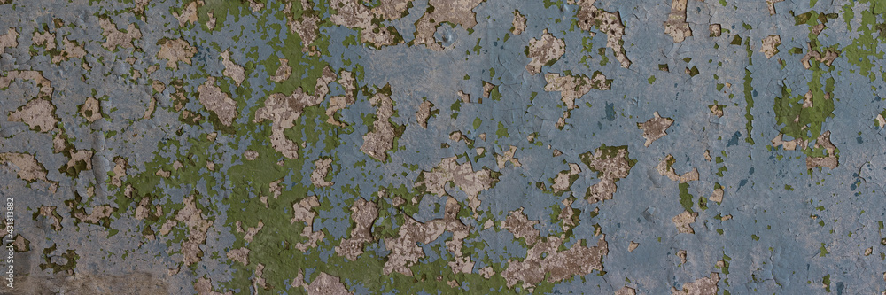 Peeling paint on the wall. Panorama of a concrete wall with old cracked flaking paint. Weathered rough painted surface with patterns of cracks and peeling. Wide panoramic grunge texture for background Peeling paint on the wall. Panorama of a concrete wall with old cracked flaking paint. Weathered rough painted surface with patterns of cracks and peeling. Wide panoramic grunge texture for background