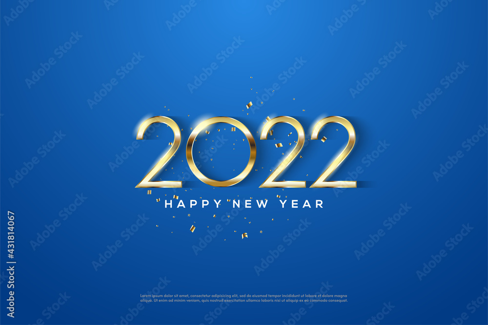 2022 happy new year with golden numbers on blue background.