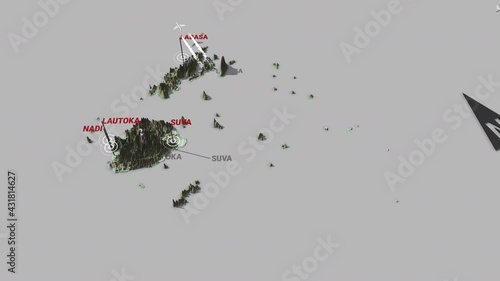 Seamless looping animation of the 3d terrain map of Fiji with the capital and the biggest cites in 4K resolution photo