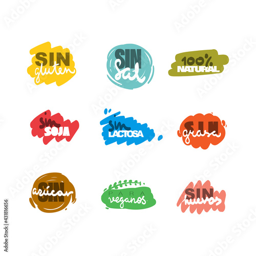 Food allergic icons set. Colored labels hand drawing in Spanish. Lactose free, sugar free, gluten free, salt free, egg free, soy free, fat free, vegetarian.