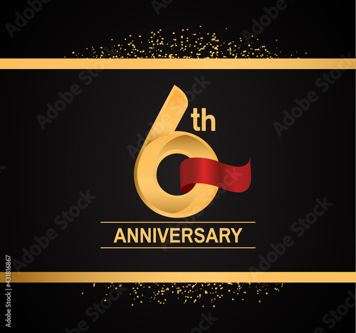 6 years anniversary logotype with premium gold color and red ribbon with glitter background isolated on black background. can be use for celebration and party