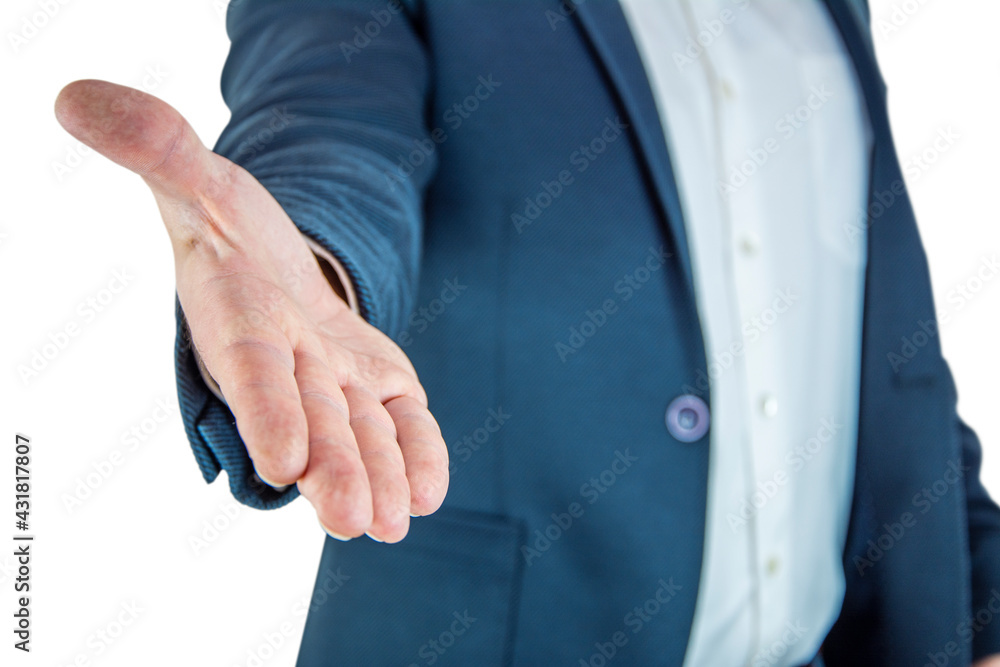 Man in suit shaking hands in close-up on white isolated background