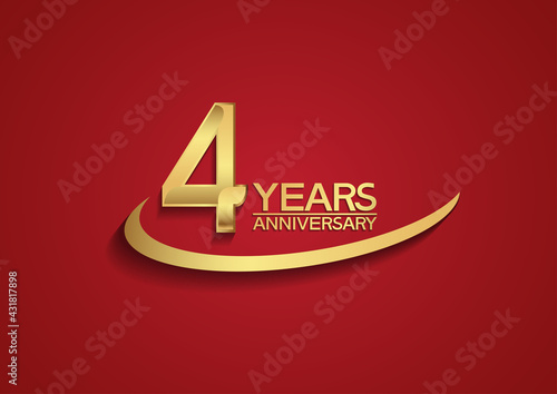 4 years anniversary logo style with swoosh golden color isolated on red background for celebration moment