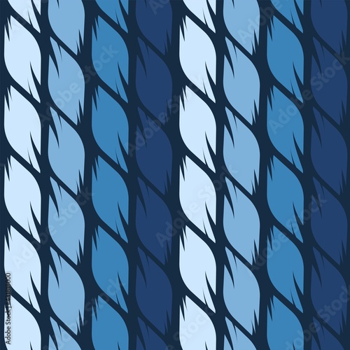 Seamless vector pattern of four shades of blue graphic leaves.