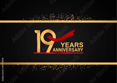 19 years anniversary logotype with golden color and red ribbon with glitter background isolated on black background. vector can be use for party, company special event and celebration moment