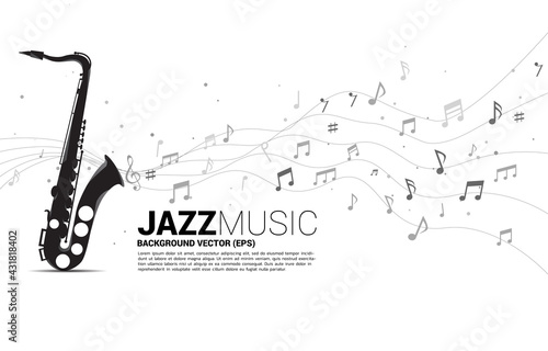 Vector music melody note dancing flow from saxophone . Concept background for jazz song and concert theme.