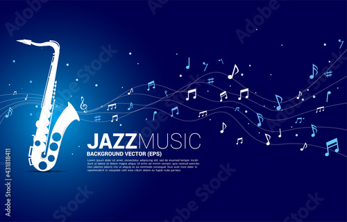 Vector music melody note dancing flow from saxophone . Concept background for jazz song and concert theme.