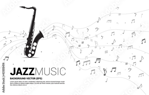 Vector music melody note dancing flow from saxophone . Concept background for jazz song and concert theme.