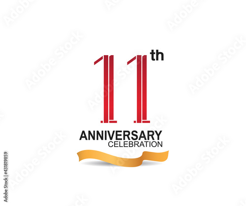 11 anniversary celebration logotype with red color number and golden ribbon. vector can be use for party, company special event and celebration moment