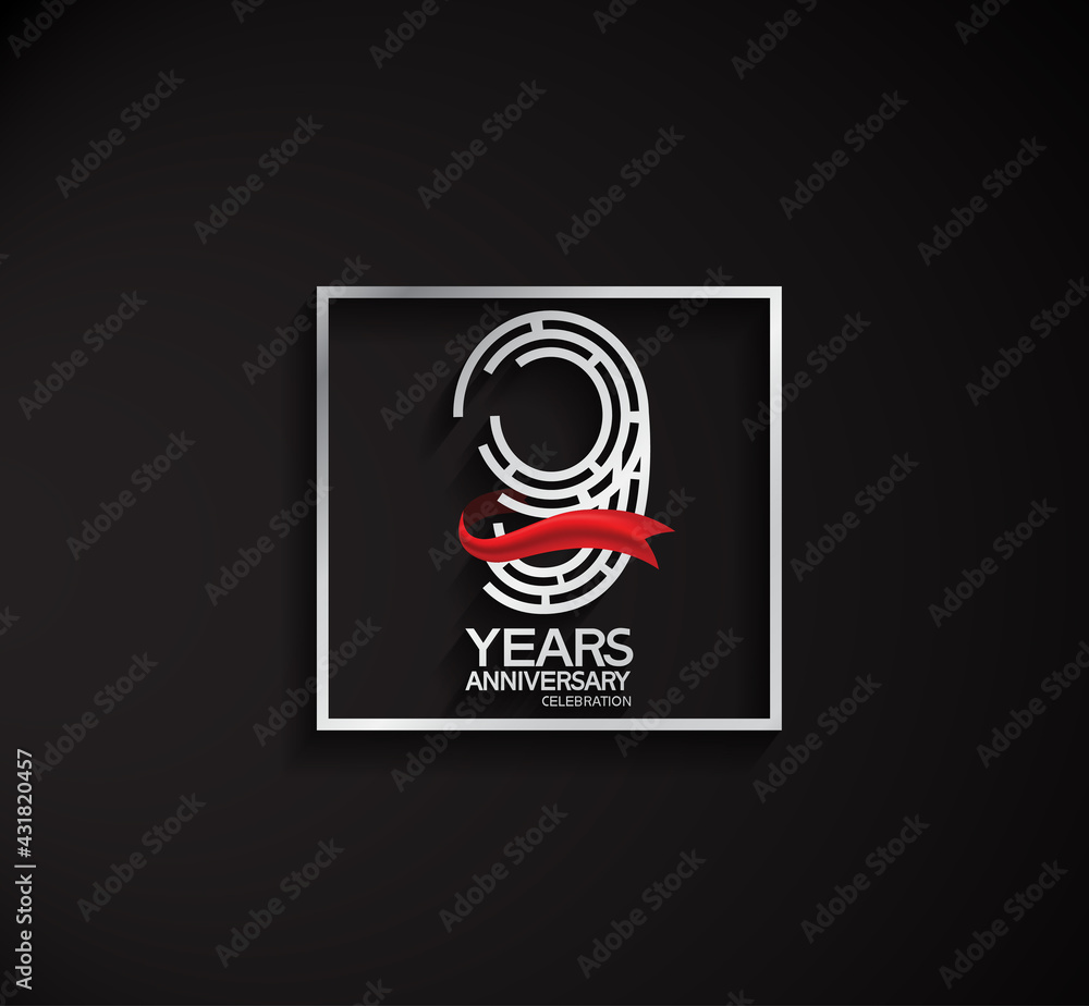 9 years anniversary logotype with square silver color and red ribbon. vector can be use for party, company special event and celebration moment