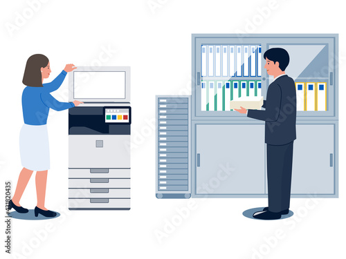 オフィスのコピー機でコピーをとる女性とコピー用紙を持っている男性のベクターイラスト