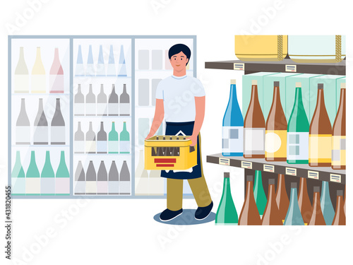 酒屋さんでビールケースを運ぶ男性店員のベクターイラスト