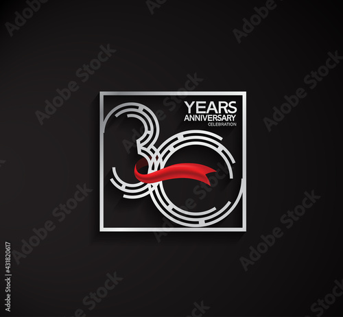 30 years anniversary logotype with square silver color and red ribbon. vector can be use for party, company special event and celebration moment