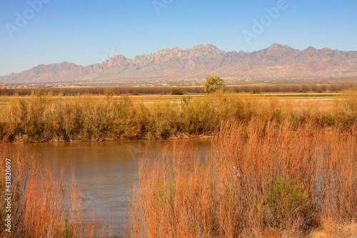 View of the Organ Mountain in Las Cruces New Mexico, with Rio Grande River in foreground