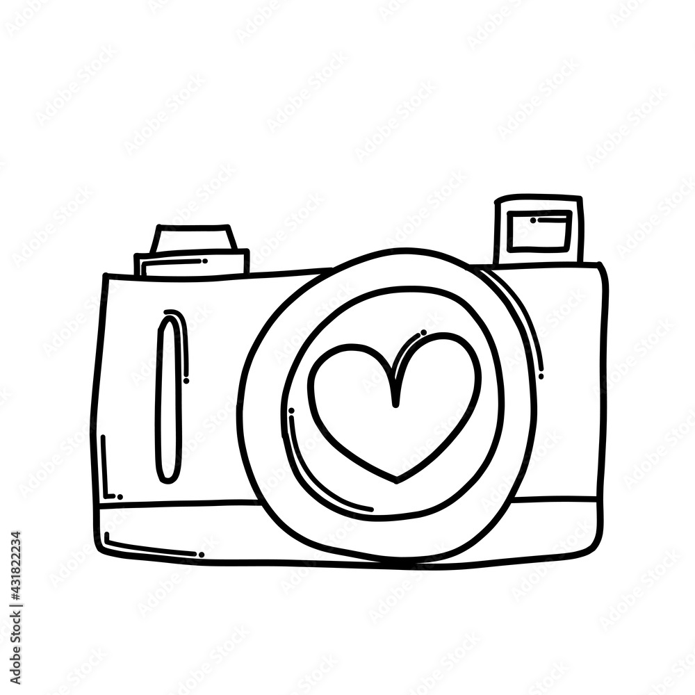 Camera with love Doodle vector icon. Drawing sketch illustration hand
