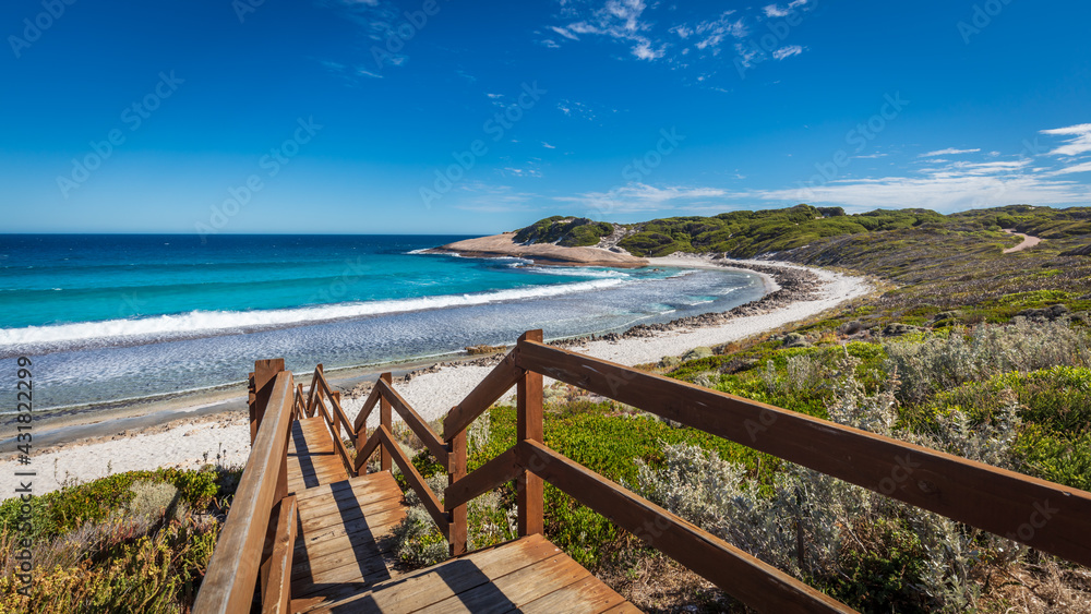 Landscape view of Blue Haven Beach near Esperance in Western Australia under a bright clear blue sky. Landscape view of Blue Haven Beach near Esperance in Western Australia under a bright clear blue sky.
