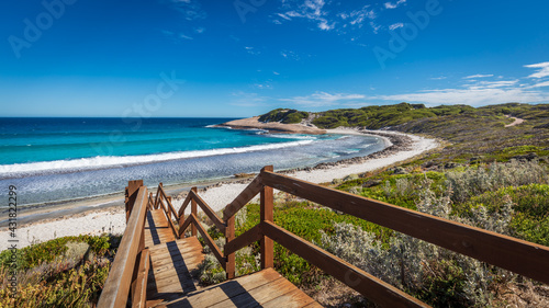 Landscape view of Blue Haven Beach near Esperance in Western Australia under a bright clear blue sky.