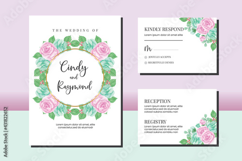 Wedding invitation frame set, floral watercolor hand drawn Rose Flower design Invitation Card Template