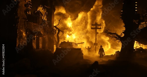 War Concept. Military silhouettes fighting scene on war fog sky background, World War Soldiers Silhouette Below Cloudy Skyline At night. Battle in ruined city. Selective focus