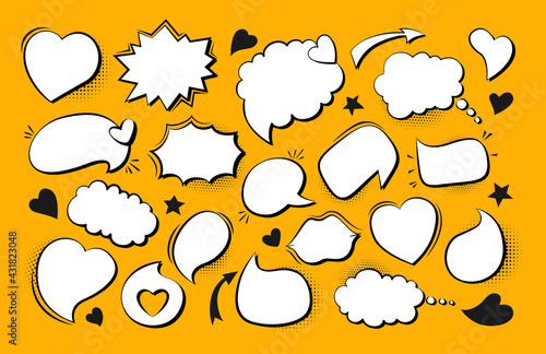 Speech bubble comic pop art set. Retro empty design elements dialog clouds with halftone dot background, vintage love banner. Speech thought blobs comics book. Cartoon 80s-90s Vector illustration