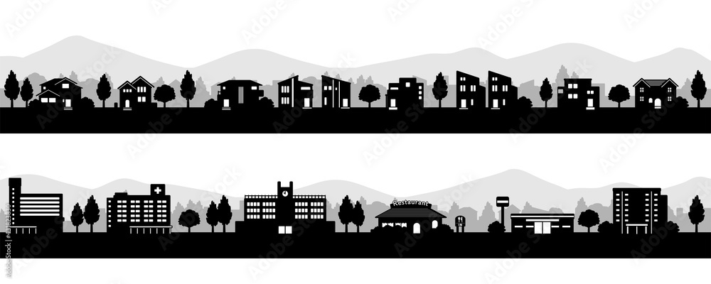 山のある街並みのシルエット モノクロ Stock Vector Adobe Stock