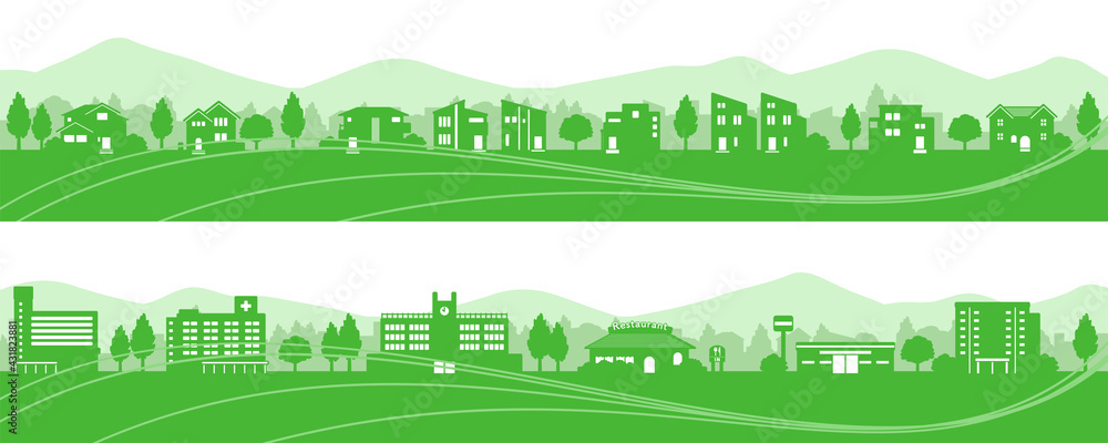 Obraz premium 山のある街並みのシルエット（緑）