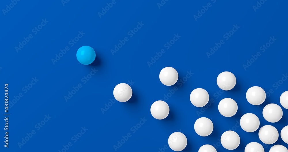 Balls on blue background. Leader concept. Follow. 3d illustration.