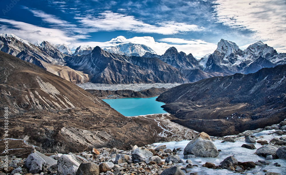 Gokyo Lake and Village - Bird's eye view from the pass on the Mount Everest trekking route, Himalayas, Nepal