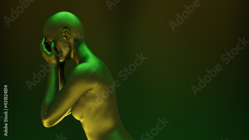 Foto 3D illustration of a female figure lamenting in a yellow and green space, shot f