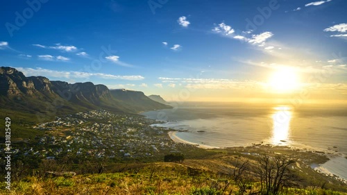 Sunset Time Lapse from Table Mountain over Camps Bay and 12 Apostles, Cape Town, South Africa	